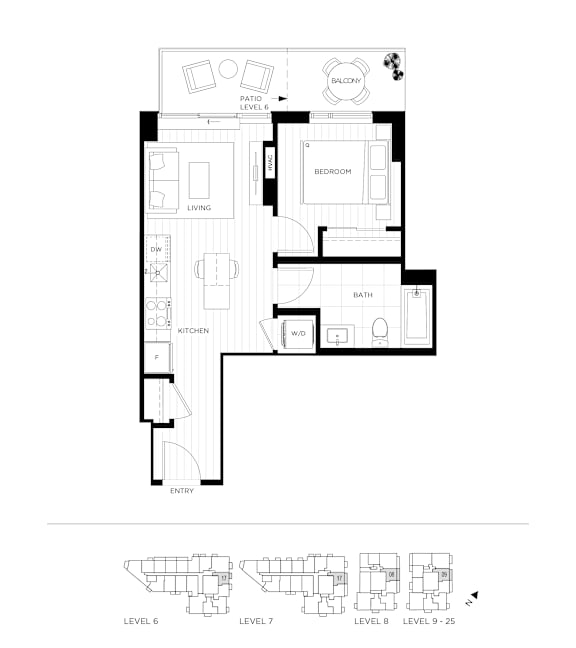 A black and white floor plan of a house with a bedroom, living room, kitchen, and bathroom.