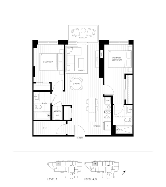 A black and white floor plan of a two-level apartment.