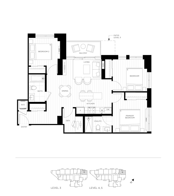 A black and white floor plan of a house with a living room, dining room, kitchen, and bathrooms.