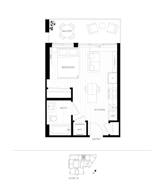 A black and white floor plan of a small apartment with a bedroom, bathroom, kitchen, and entryway.