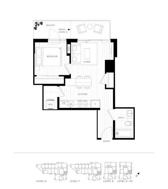 A black and white floor plan of a house with a kitchen, living room, and bathroom.