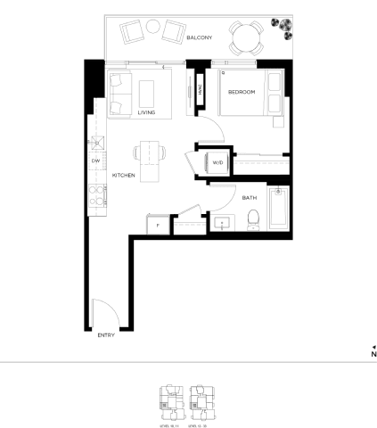 A black and white floor plan of a small apartment.