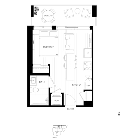 A black and white image of a floor plan for a small apartment.
