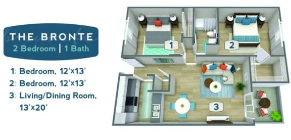 2 bed 1 bath floor plan at Sofia Apartments, Arizona, 85283
