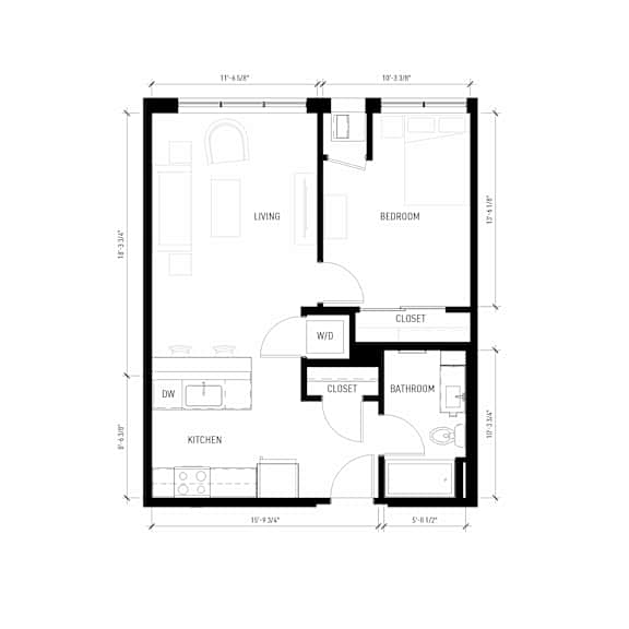 Floor Plan  A floor plan of a small apartment with a living room, bedroom, kitchen, bathroom, and closet.
