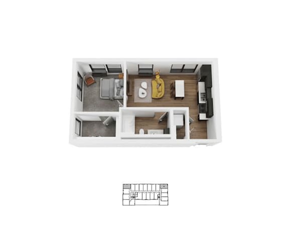 A floor plan of a small apartment with a kitchen, living room, and bathroom.