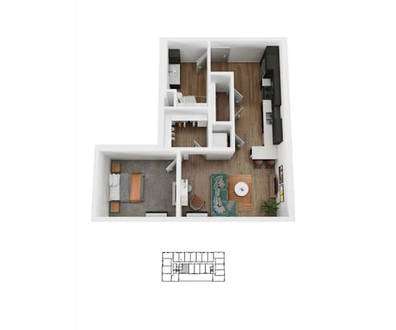 A top down view of a small apartment with a kitchen, living room, and bathroom.