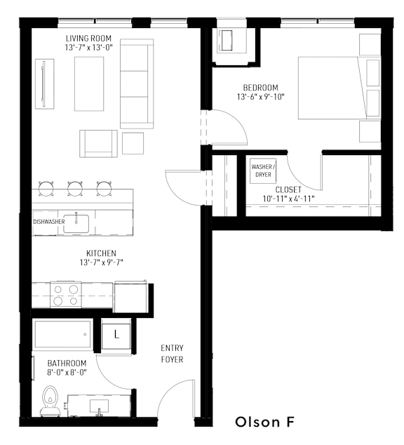 A black and white image of a floor plan for a one bedroom apartment.