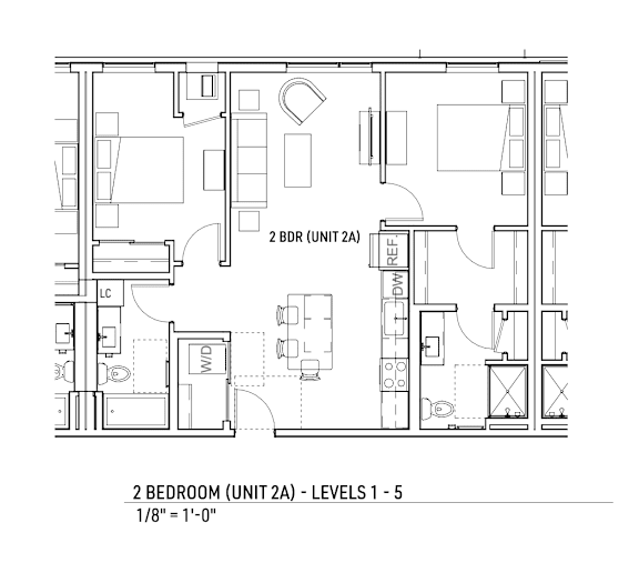 A floor plan of a 2 bedroom apartment on levels 1-5.