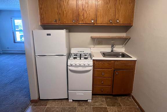 A white refrigerator and a white stove in a kitchen.