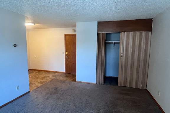 A room with a brown door and a grey carpet.
