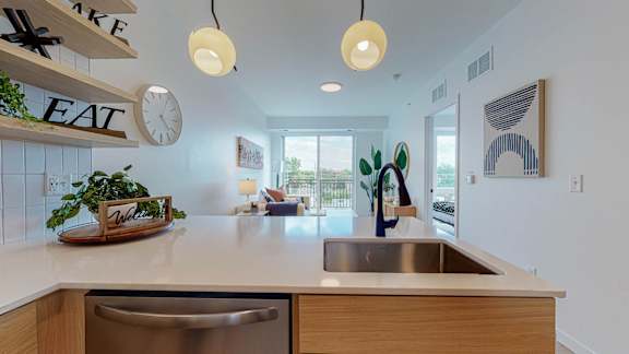 A kitchen with a stainless steel dishwasher and a wooden counter.