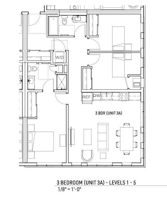 A floor plan of a 3 bedroom apartment with dimensions.