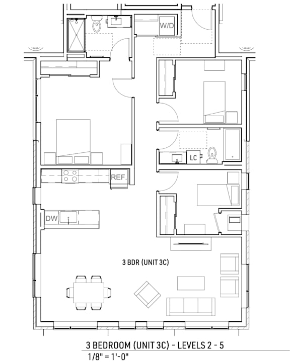 A floor plan of a 3 bedroom apartment.