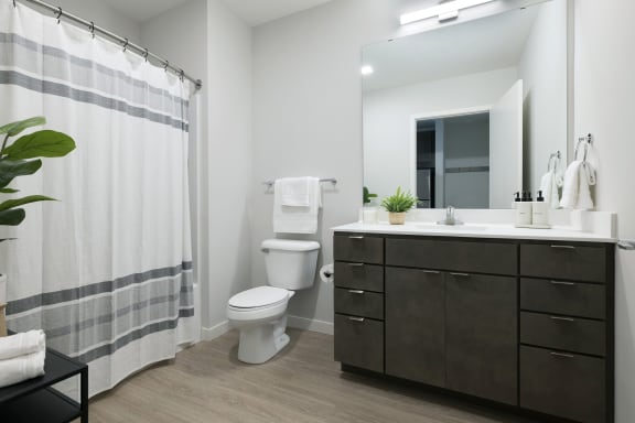 a bathroom with a toilet sink and shower and a mirror
