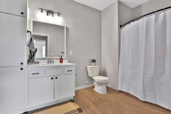 A white bathroom with a toilet, sink, and shower curtain.