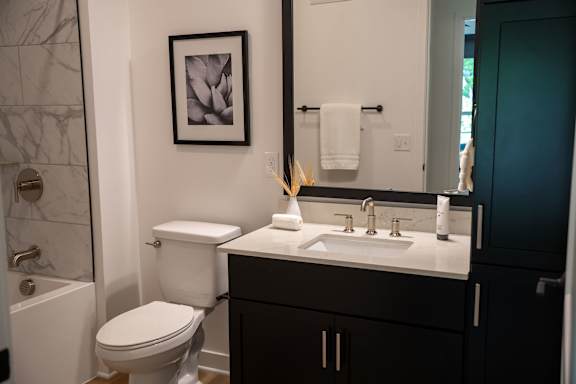 A bathroom with a toilet, sink, and a picture on the wall.