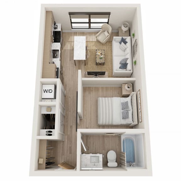 A dollhouse with a white interior and furniture.