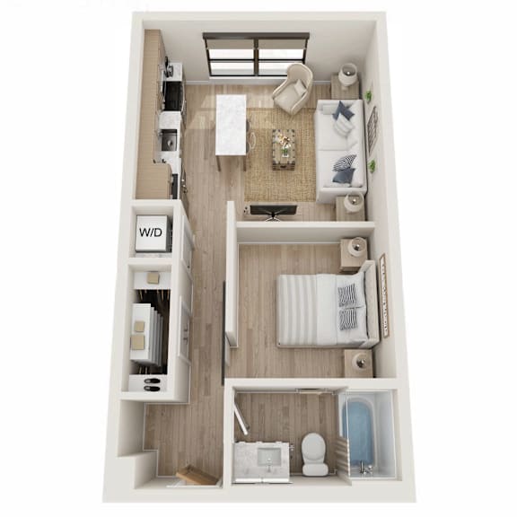 A top down view of a small apartment with a kitchen, living room, and bathroom.