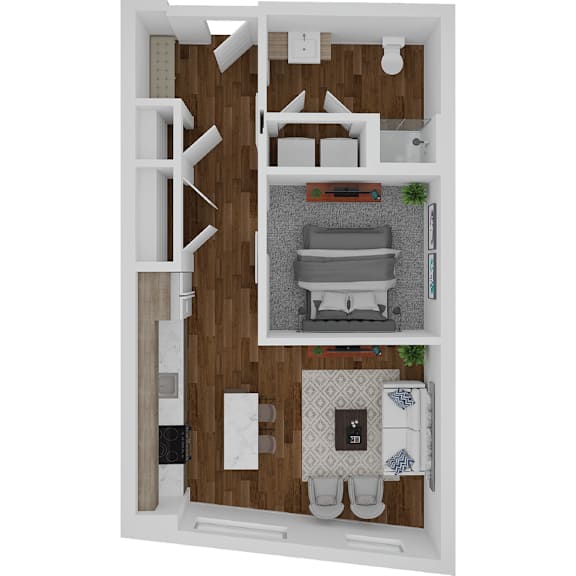 a stylized floor plan of a small apartment with a bedroom and a bathroom