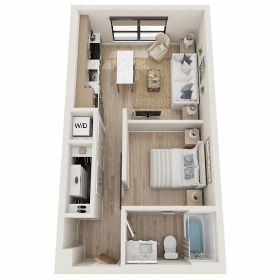 A top down view of a small apartment with a kitchen, living room, and bathroom.