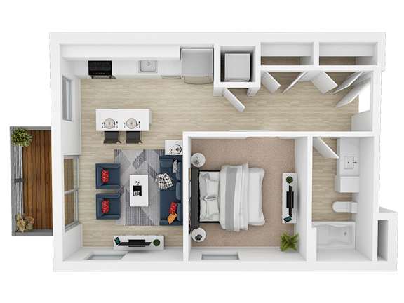 A top-down view of a modern, minimalist apartment with a kitchen, living room, and bedroom.