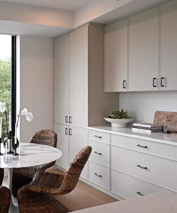 A white dining table with a plant on it and a white counter with a plant on it.