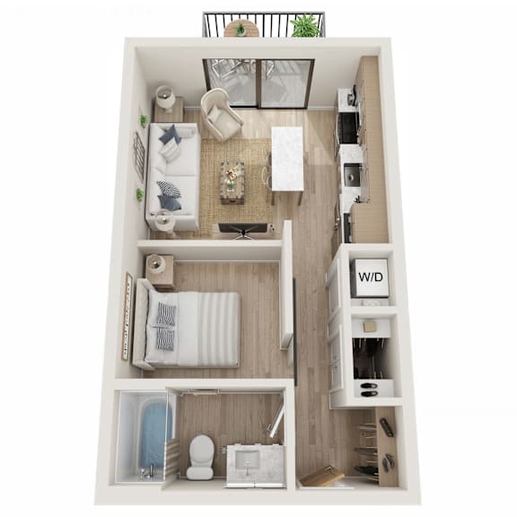 A top-down view of a small apartment with a bedroom, living room, and kitchen area.