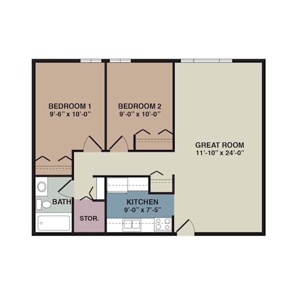 A floor plan of a small apartment with two bedrooms, a kitchen, a bathroom, and a storage area.