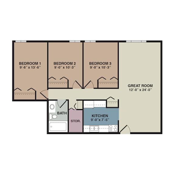 A floor plan of a house with three bedrooms, a bathroom, a kitchen, and a great room.
