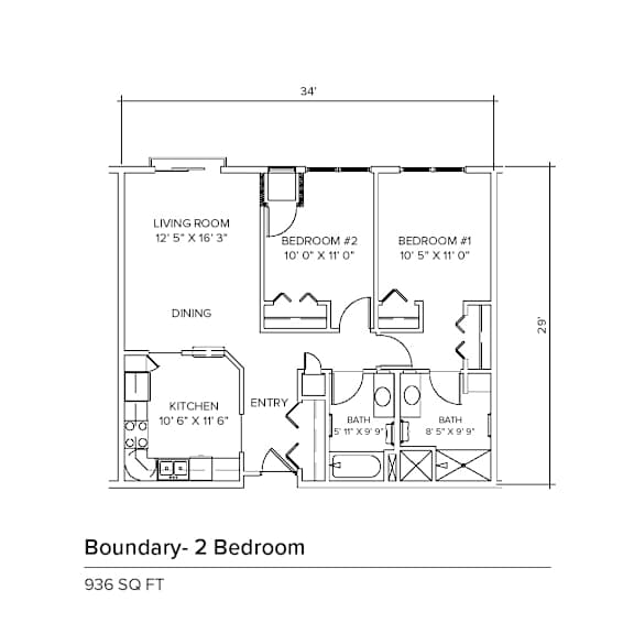 A floor plan of a 2 bedroom apartment with dimensions.