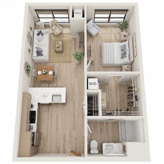 A top-down view of a small apartment with a kitchen, living room, and bedroom.