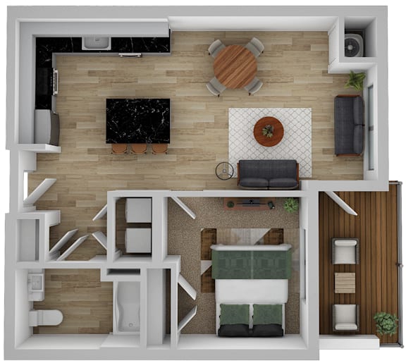 an overhead view of a furnished apartment with a bedroom and a living room