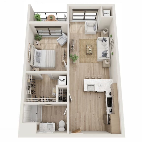 A top-down view of a small apartment with a bedroom, living room, and bathroom.