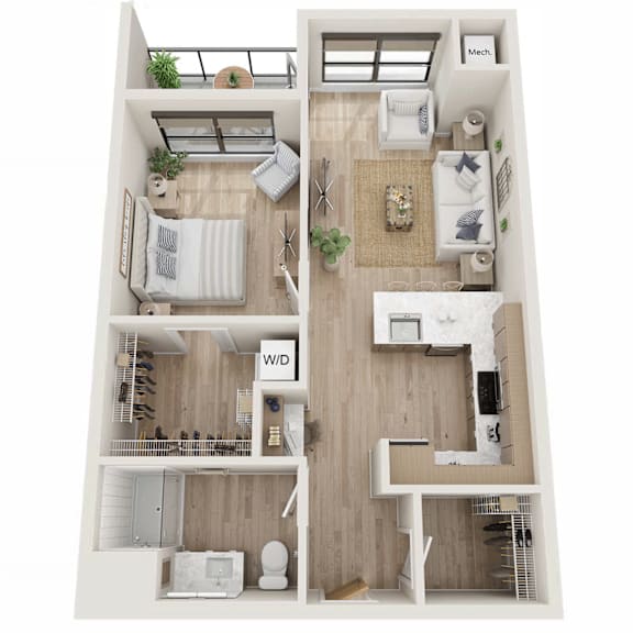 A floor plan of a small apartment with a bedroom, living room, and kitchen.