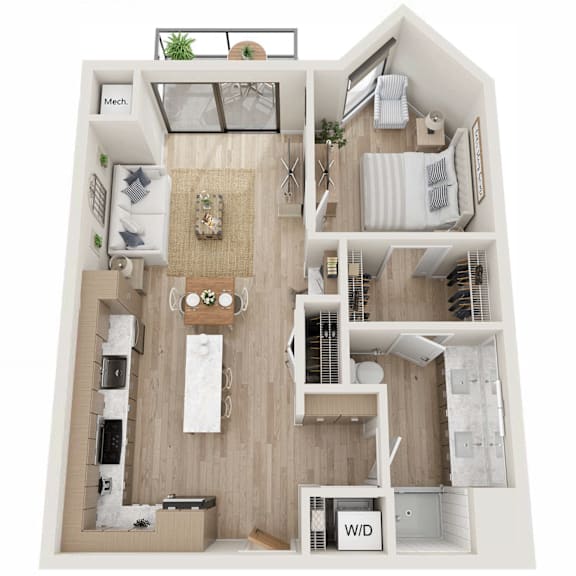 A floor plan of a small apartment with a kitchen, living room, and bathroom.