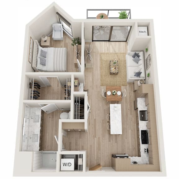 A top-down view of a small apartment with a living room, kitchen, and bedroom.