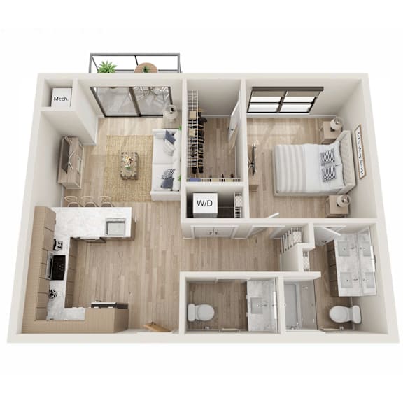 A top-down view of a small apartment with a kitchen, living room, and bathroom.