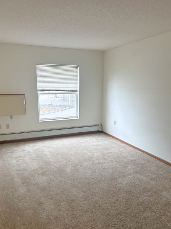 A room with a window and a carpeted floor.