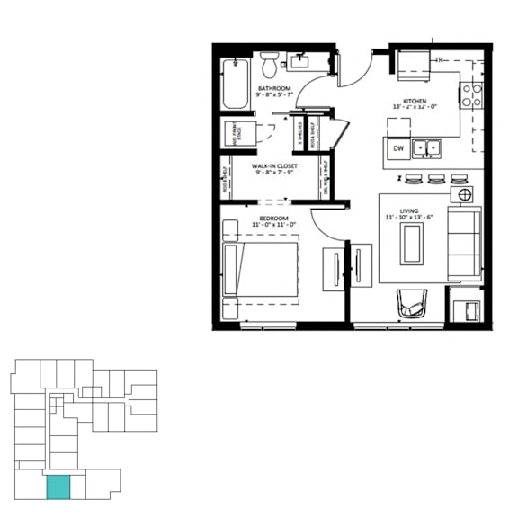 A floor plan of a house with a living room, kitchen, and 11 bedrooms.