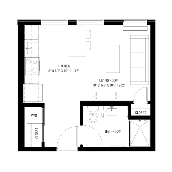 Floor Plan  A black and white image of a floor plan for a home with a kitchen, living room, bathroom, and closet.