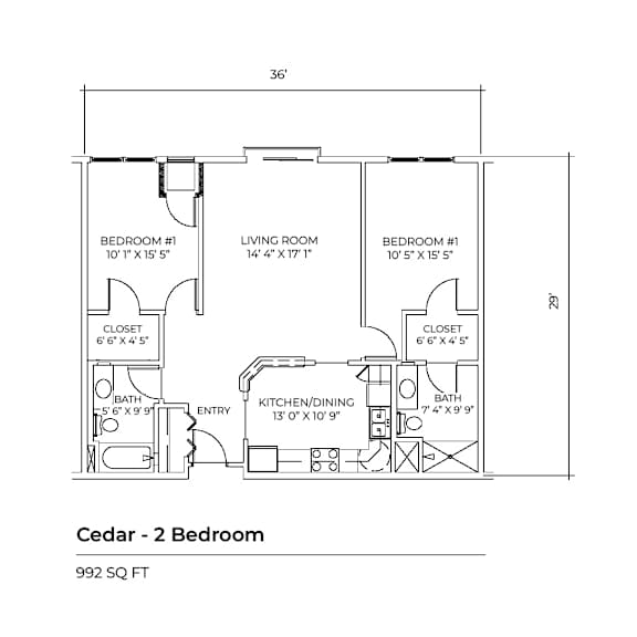 A drawing of a 2 bedroom Cedar apartment with dimensions.