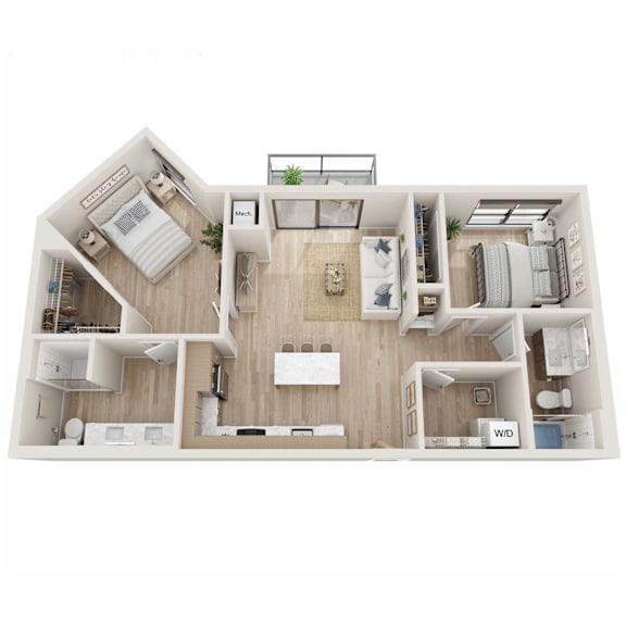 A floor plan of a small apartment with a kitchen, living room, and bedrooms.