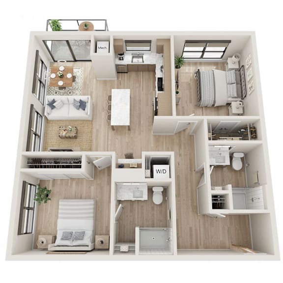 A top-down view of a small apartment layout with labeled rooms.
