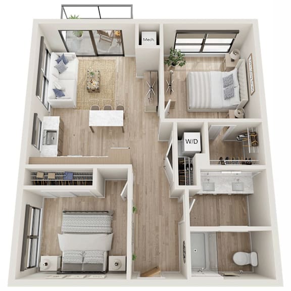 A top-down view of a small apartment with a kitchen, living room, bedroom, and bathroom.