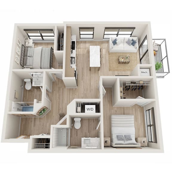 A top-down view of a small apartment layout with a kitchen, living room, and bedrooms.