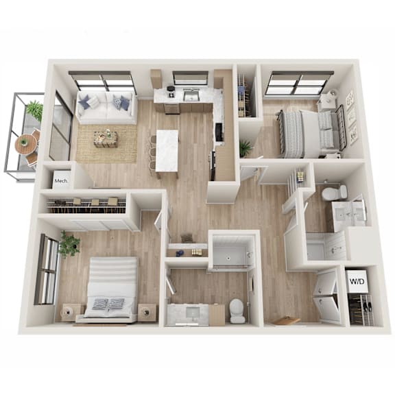 A top-down view of a modern apartment layout with labeled rooms.