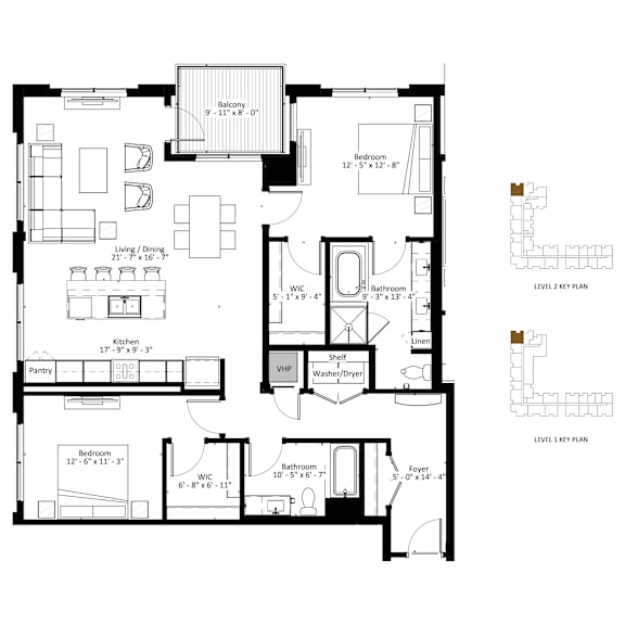 A floor plan of a house with two bedrooms, a living room, a kitchen, a pantry, a washroom, a linen closet, a foyer, and a basement.