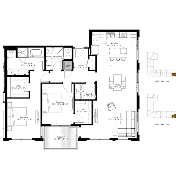 A black and white floor plan of a two-level home with labeled rooms and dimensions.