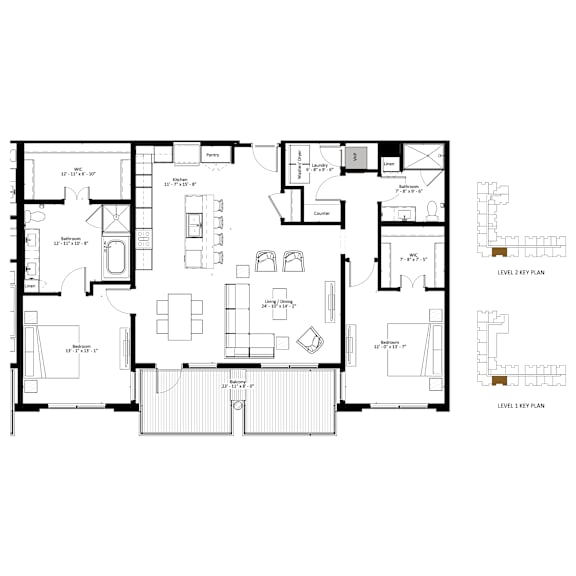 A black and white floor plan of a two-level home with labeled rooms.